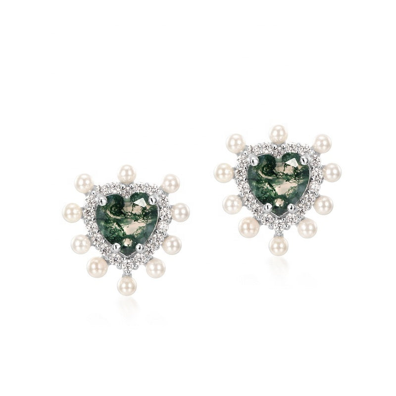 Vintage Heart Moss Agate & Pearl Halo Earrings