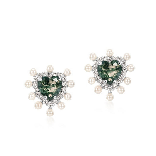 Vintage Heart Moss Agate & Pearl Halo Earrings