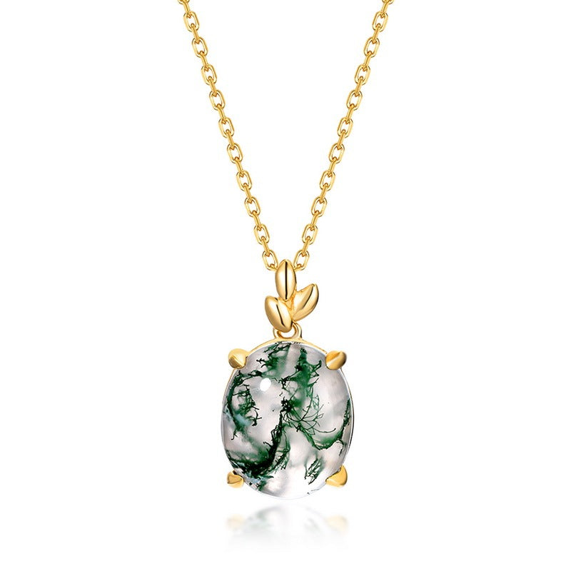 Elegant Oval Cut Moss Agate Leaf Vine Neckalce Pendant