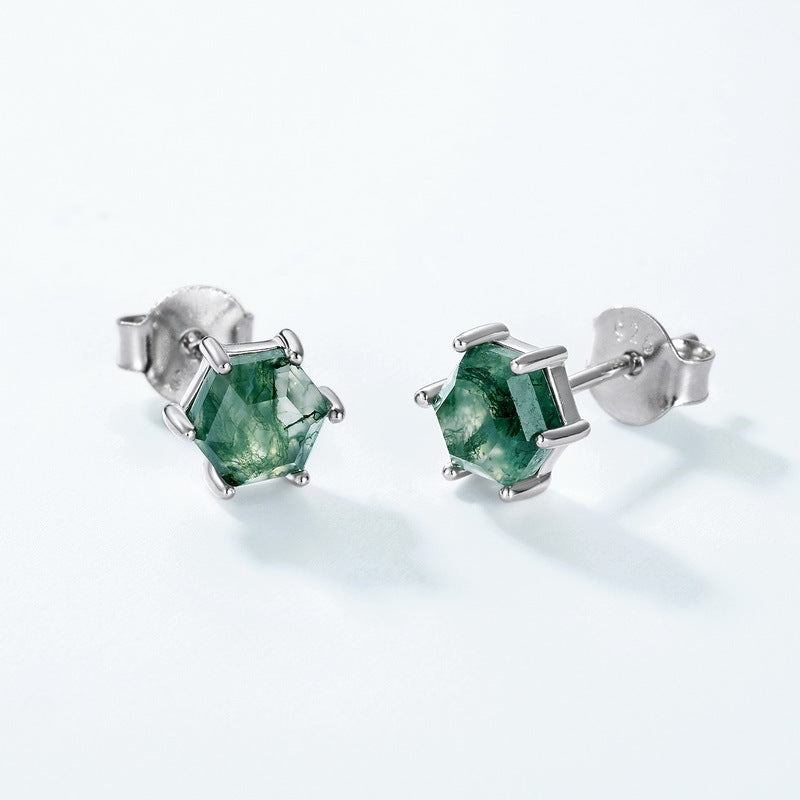 Minimalist Hexagon Cut Moss Agate Stud Earrings Claw Setting