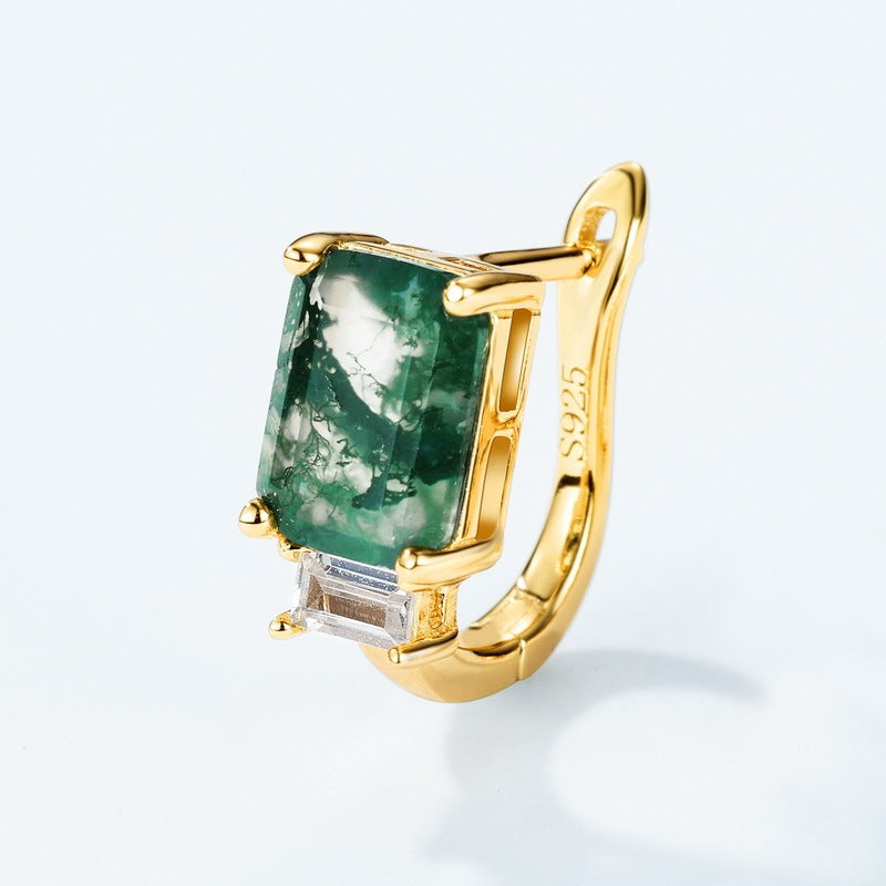 Moss Agate Accent Baguette Huggie Hoop Earrings for Women