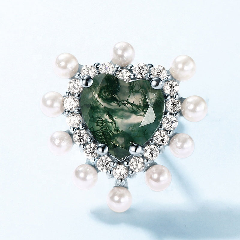 Vintage Heart Moss Agate & Pearl Halo Earrings