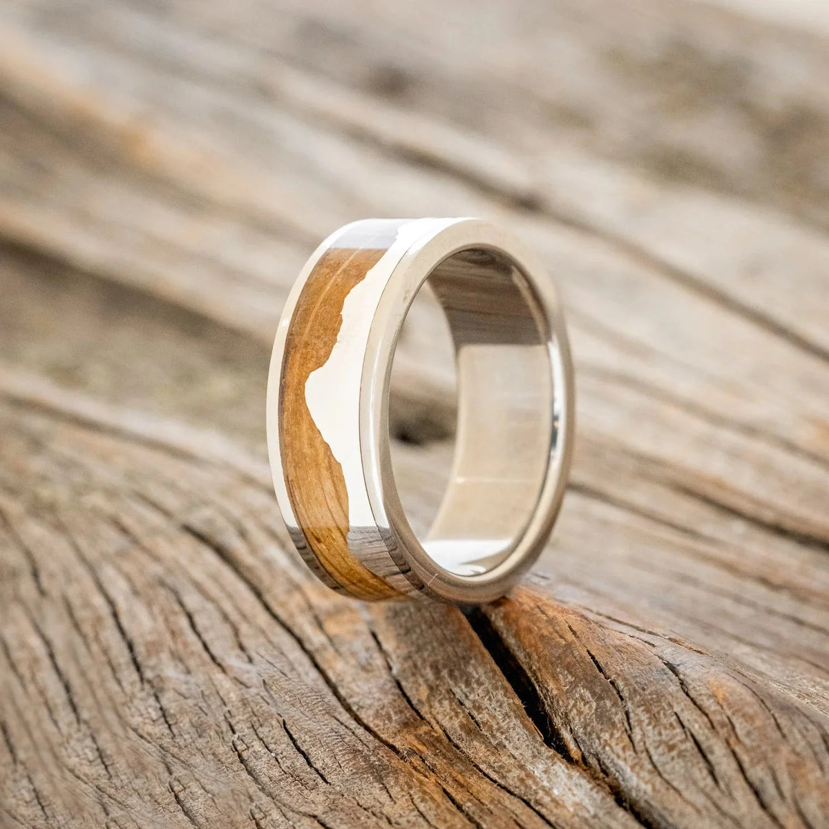 "Helios" - Whiskey Barrel Oak & Silver Teton Mountain Range Wedding Band - Titanium - Size 8 1/2