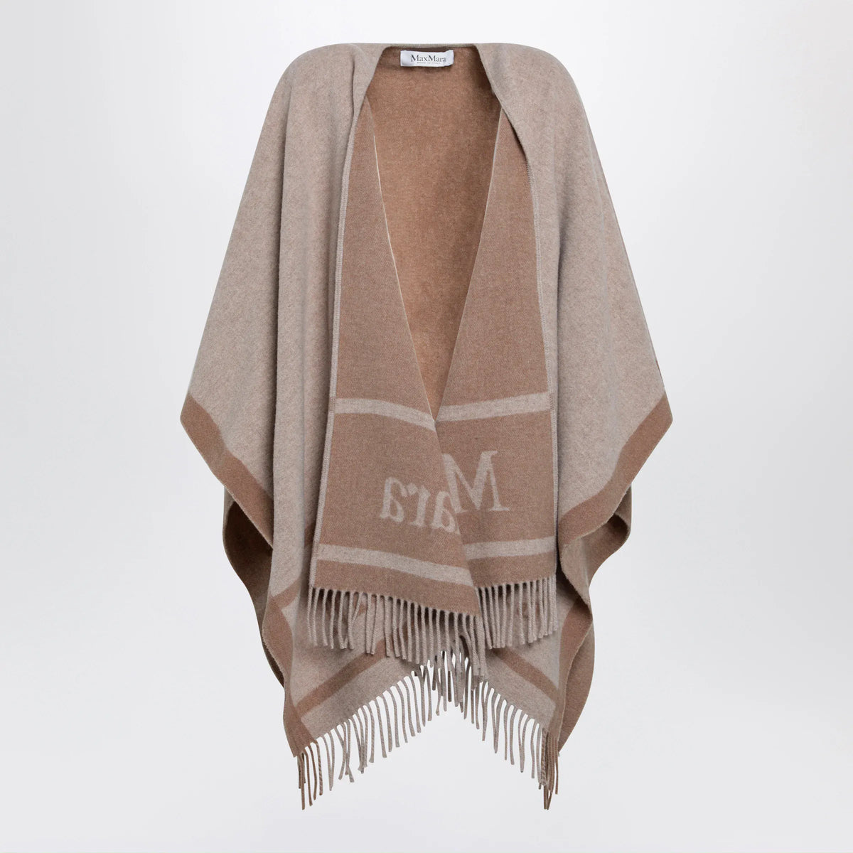 Max Mara - Jacquard poncho with fringes in sand-colored wool