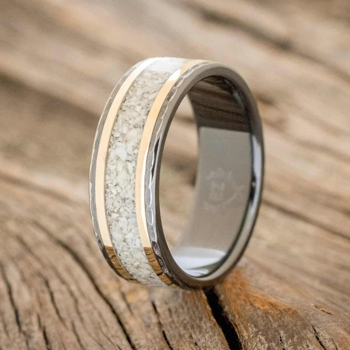 "Hollis" - Elk Tooth Ivory & 14K Yellow Gold Wedding Ring Featuring A Hammered Band - Black Zirconium (8mm) - Size 10 3/4