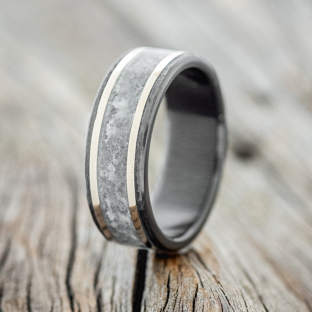 "Hollis" - Moonstone & 14K White Gold Inlay Wedding Ring With Hammered Finish - Black Zirconium (8mm) - Size 13