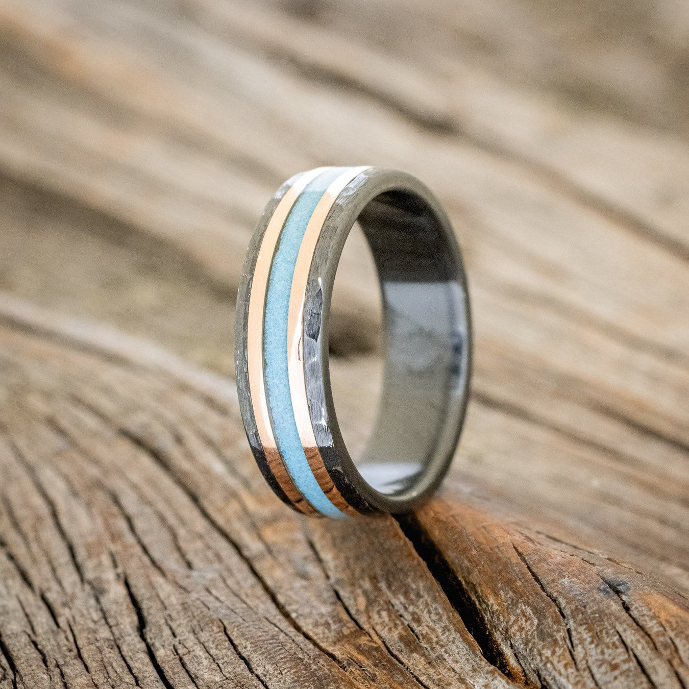 "Hollis" - Turquoise & 14K Yellow Gold Inlay Wedding Ring With Hammered Finish - Black Zirconium (6mm) - Size 9 1/2