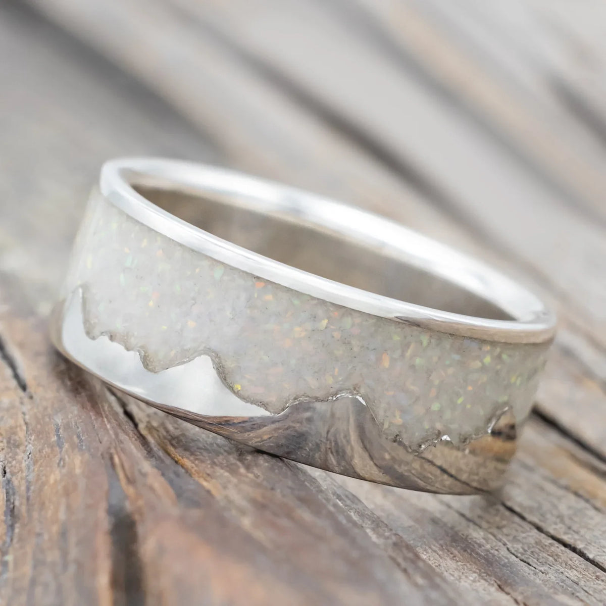 "Helios" - Crushed Fire & Ice Opal Wedding Band - Silver (8mm) - Size 7 1/2