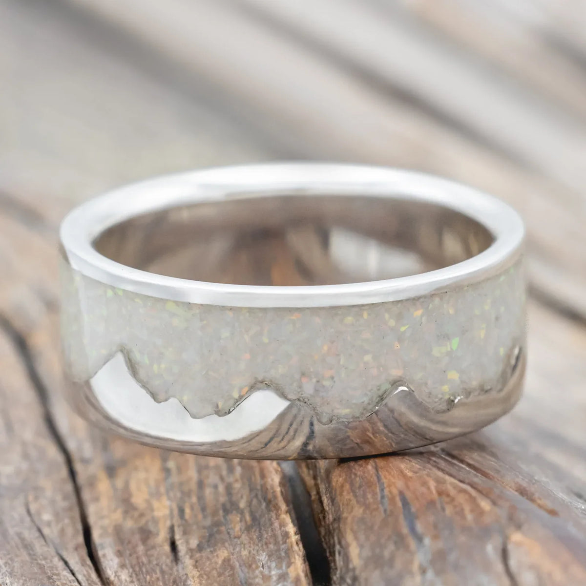 "Helios" - Crushed Fire & Ice Opal Wedding Band - Silver (8mm) - Size 7 1/2