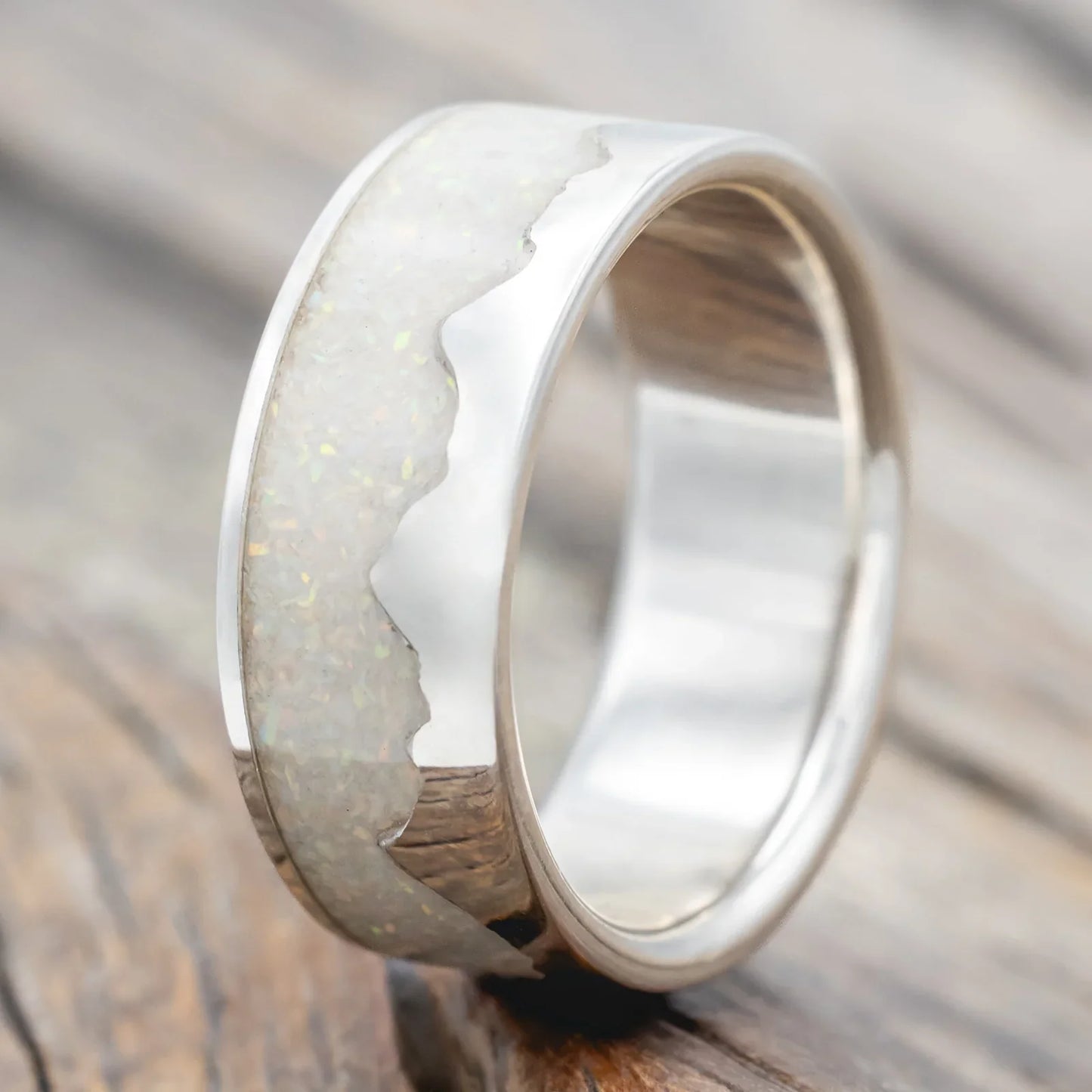 "Helios" - Crushed Fire & Ice Opal Wedding Band - Silver (8mm) - Size 7 1/2