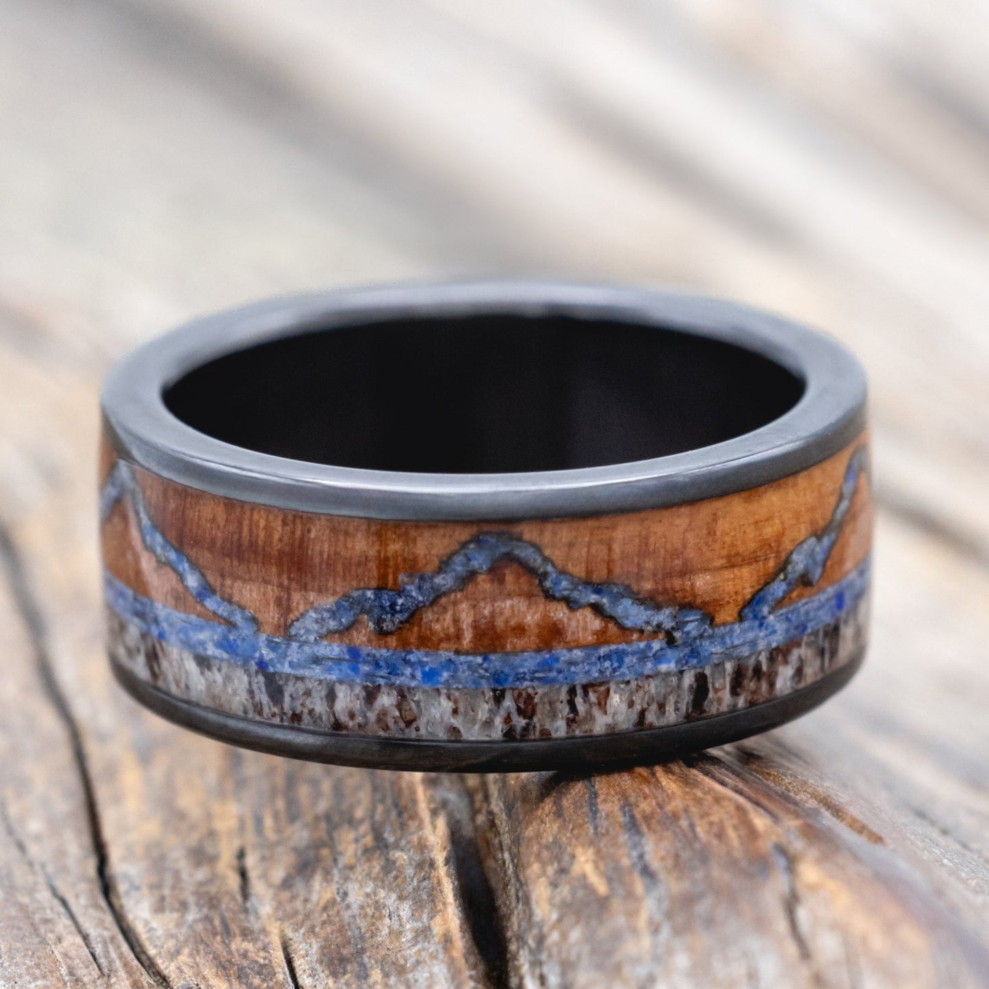 "The Expedition" - Mountain Engraved Wedding Ring With Redwood, Lapis Lazuli & Antler - Black Zirconium (8mm) - Size 6 1/2