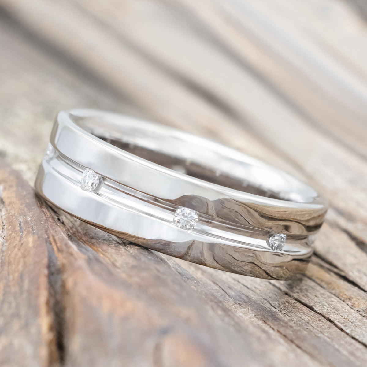 Men's Grooved Engagement Ring With Diamond Accents - 14K White Gold - Size 8