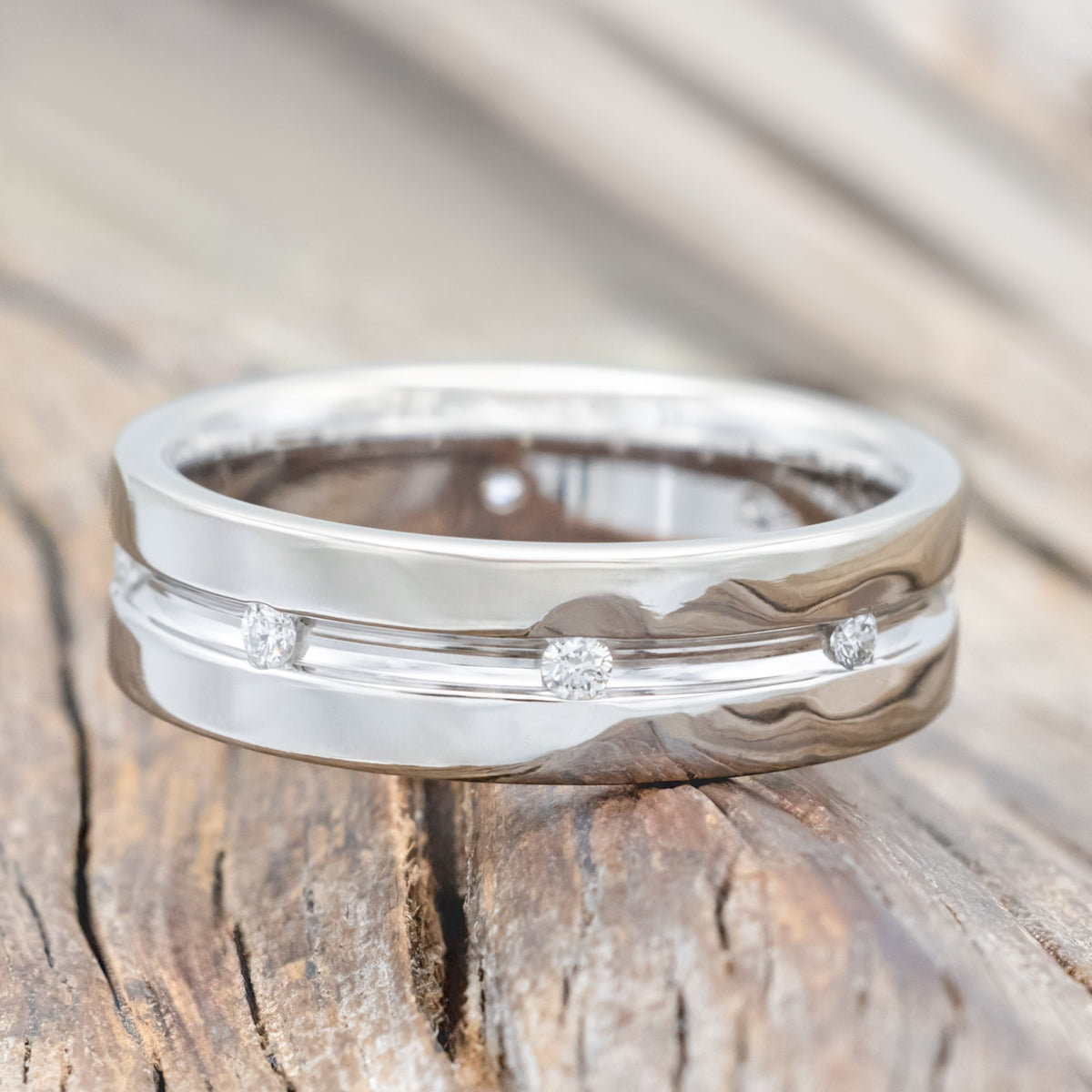 Men's Grooved Engagement Ring With Diamond Accents - 14K White Gold - Size 8