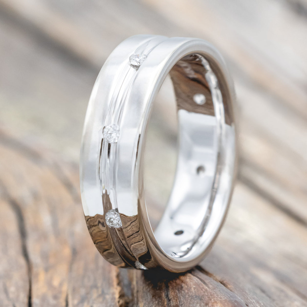 Men's Grooved Engagement Ring With Diamond Accents - 14K White Gold - Size 8