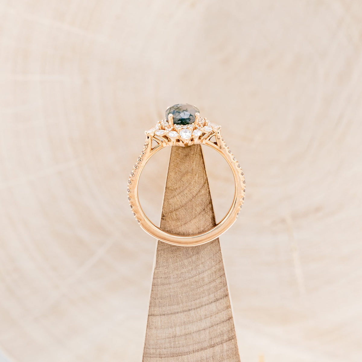 "North Star" - Oval Cut Moss Agate Engagement Ring With A Diamond Tracer