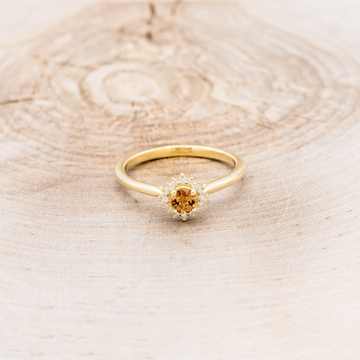 "Myall" - Round Cut Citrine Dainty Engagement Ring With Diamond Halos - 14K Yellow Gold - Size 6