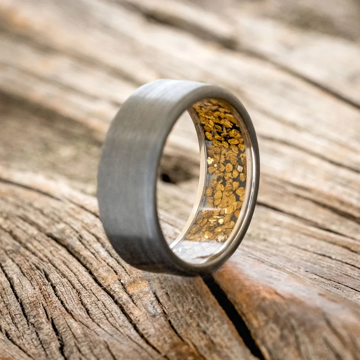 "Hyperion" - Gold Nuggets Lined Wedding Ring With A Brushed Finish - Black Zirconium (8mm) - Size 7 3/4