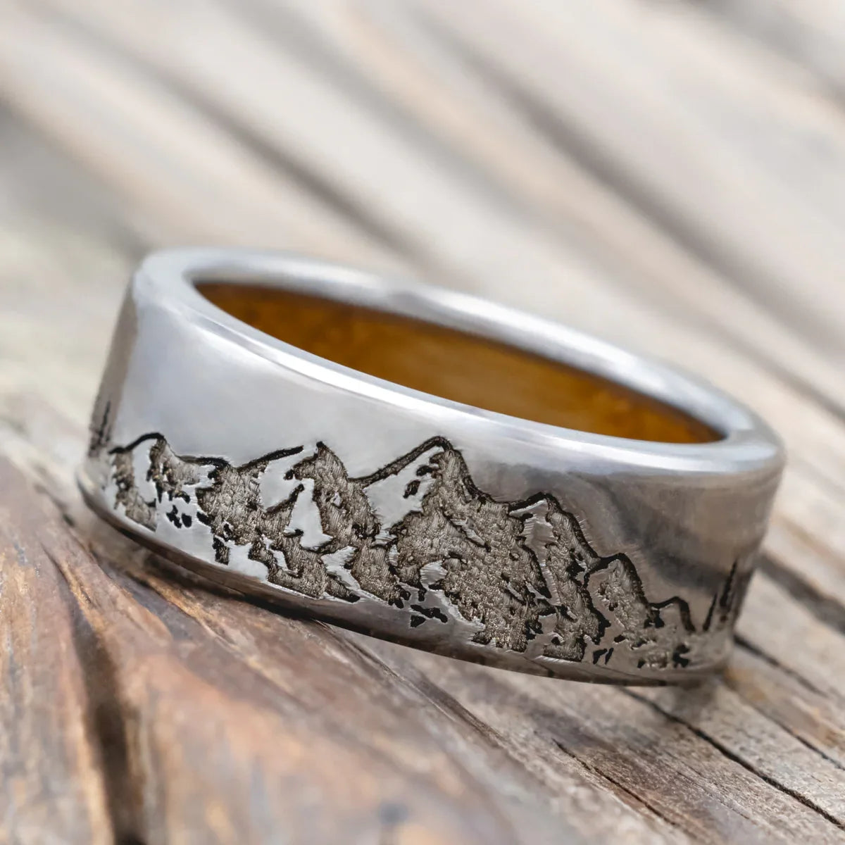 "Ross" - Mountain & Forest Engraved Wedding Band With Whiskey Barrel Lining - Titanium (8mm) - Size 8