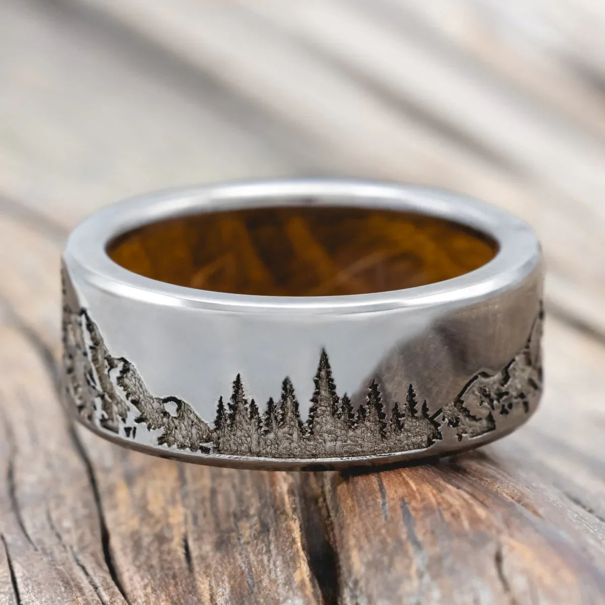 "Ross" - Mountain & Forest Engraved Wedding Band With Whiskey Barrel Lining - Titanium (8mm) - Size 8