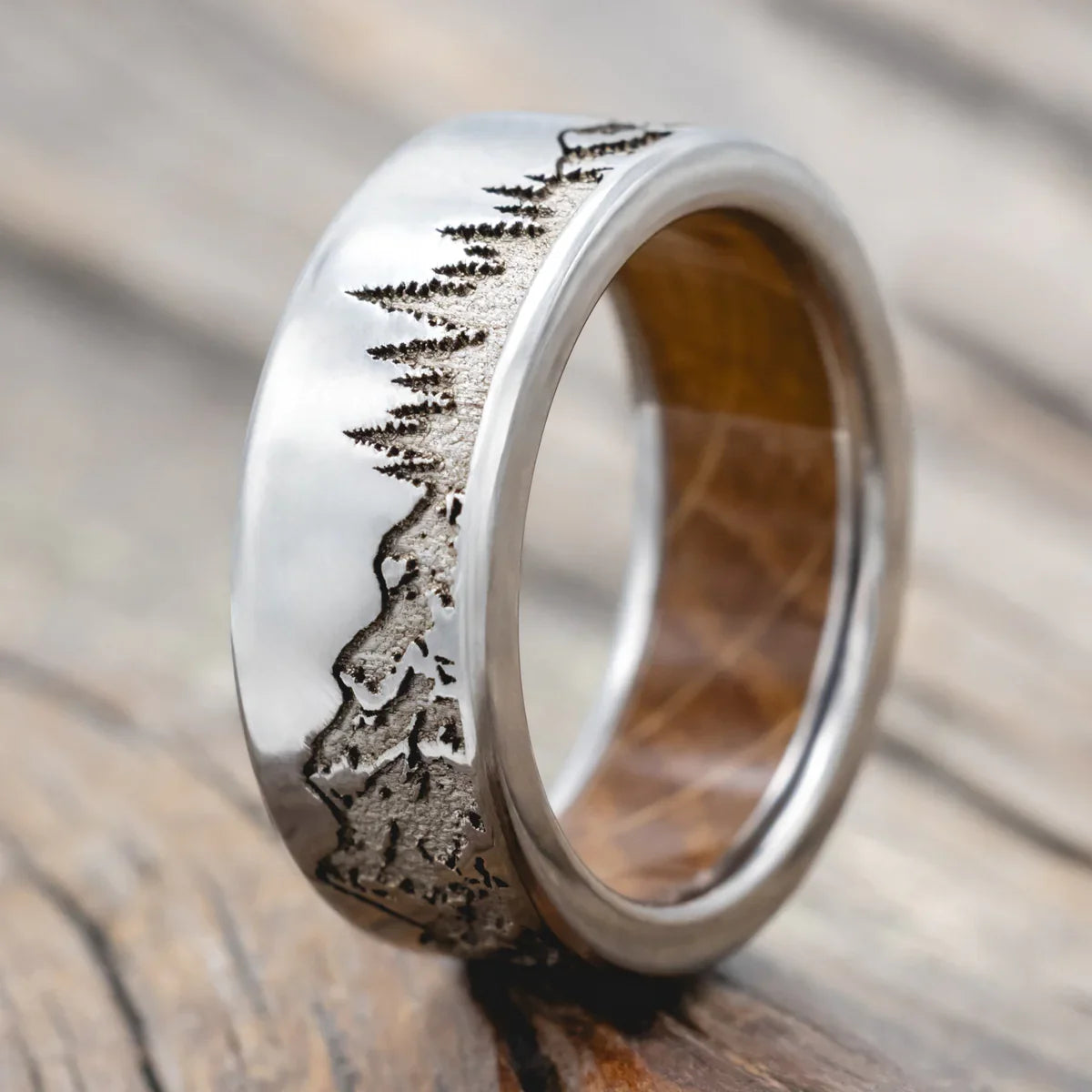 "Ross" - Mountain & Forest Engraved Wedding Band With Whiskey Barrel Lining - Titanium (8mm) - Size 8
