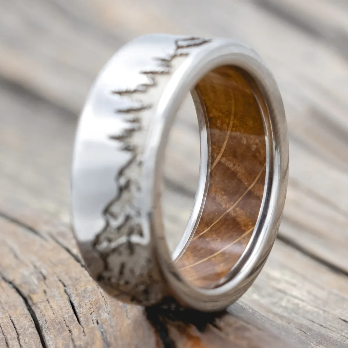 "Ross" - Mountain & Forest Engraved Wedding Band With Whiskey Barrel Lining - Titanium (8mm) - Size 8