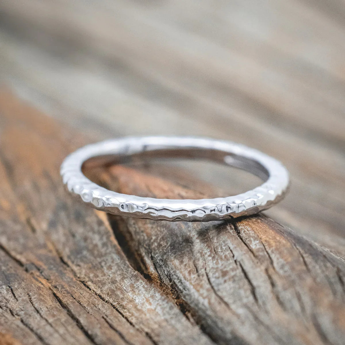 Dainty 14K Solid Gold Stacking Band With A Hammered Finish - 14K White Gold - Size 8