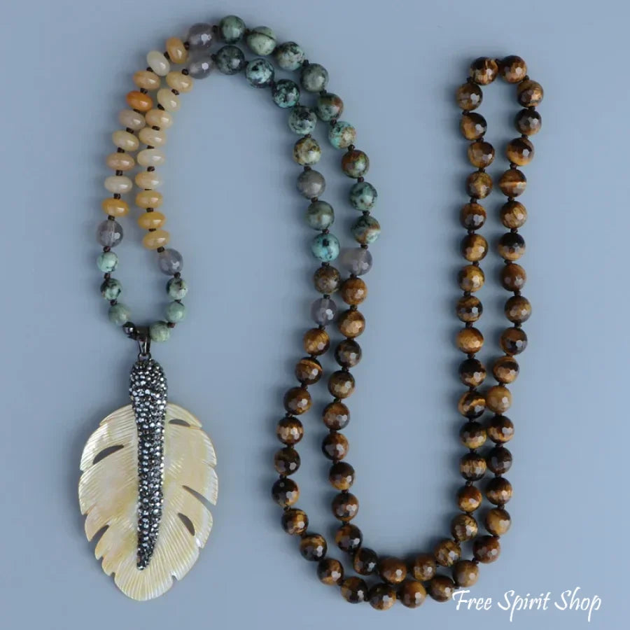 108 African Turquoise Tiger Eye Yellow Onyx & Seashell Leaf Pendant Necklace
