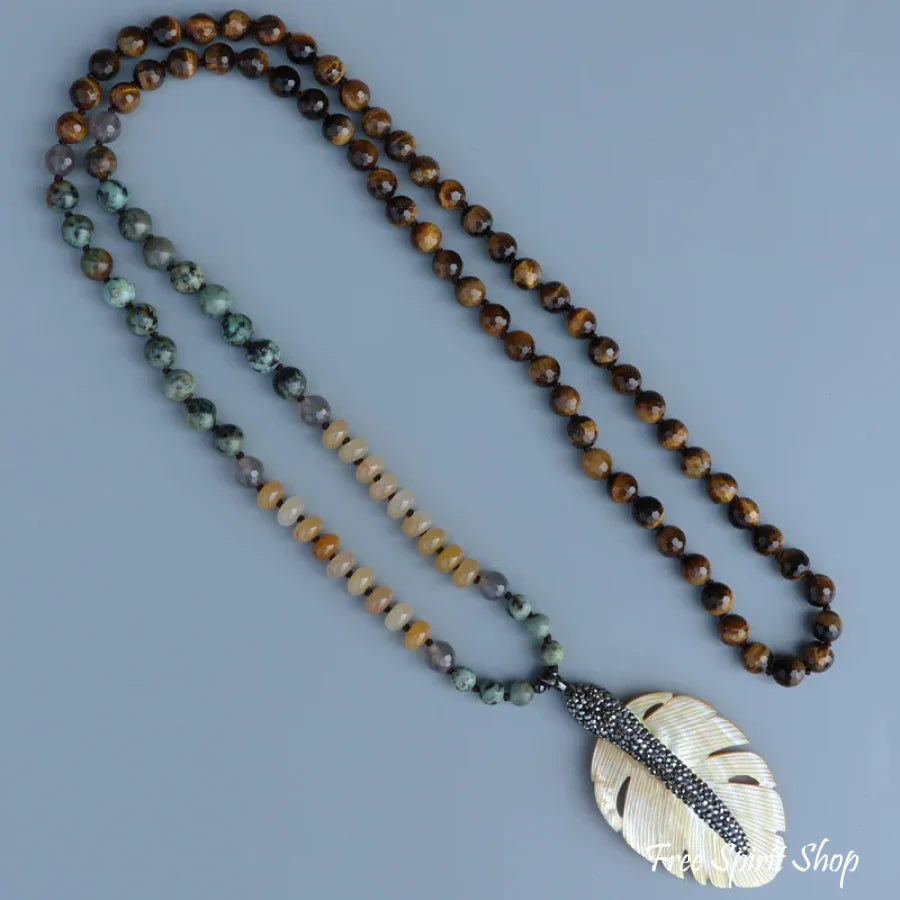 108 African Turquoise Tiger Eye Yellow Onyx & Seashell Leaf Pendant Necklace