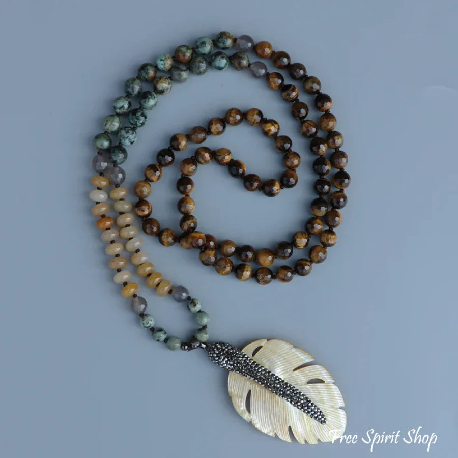 108 African Turquoise Tiger Eye Yellow Onyx & Seashell Leaf Pendant Necklace
