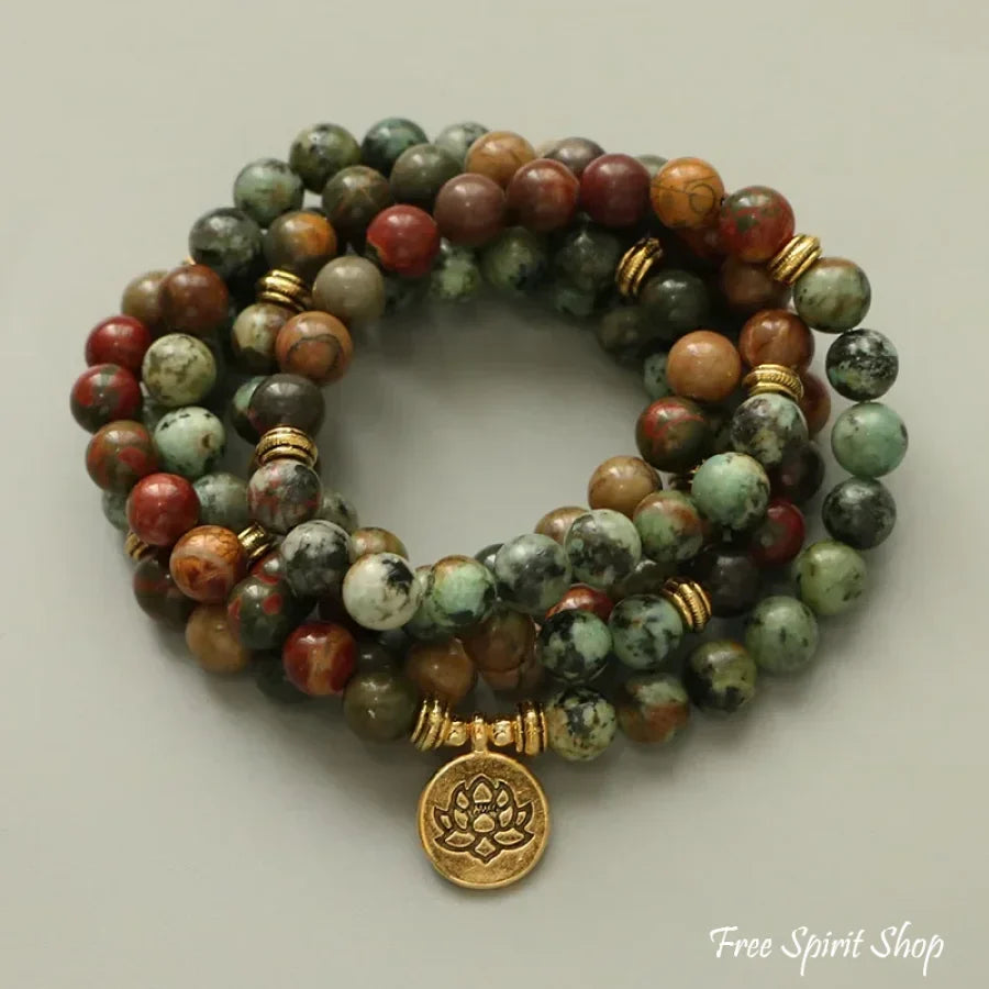 108 Natural Red Jasper & African Turquoise Mala Bracelet