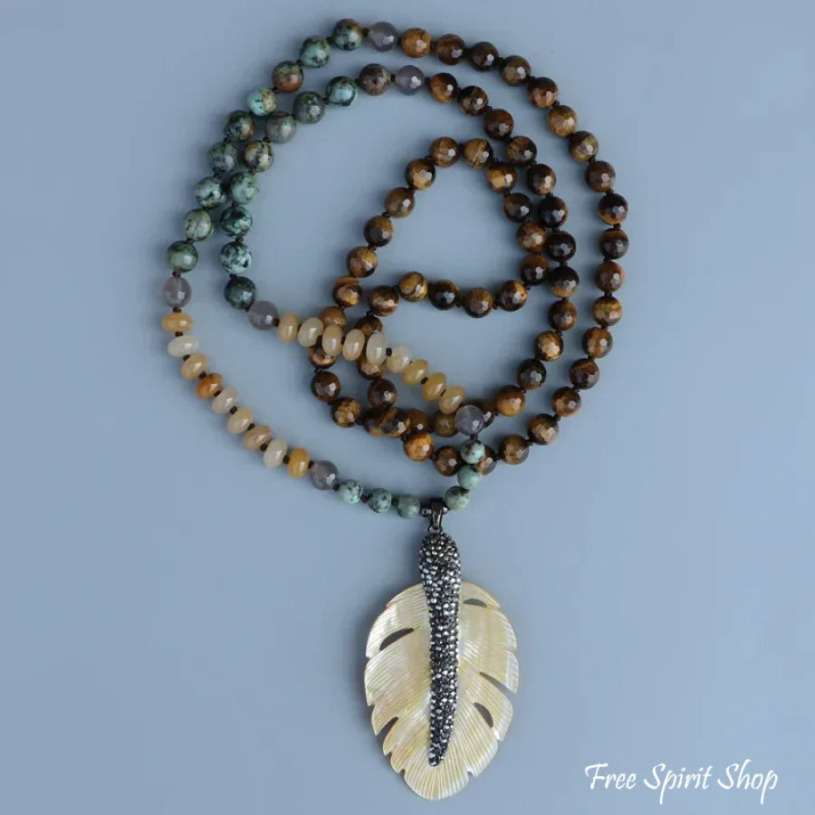 108 African Turquoise Tiger Eye Yellow Onyx & Seashell Leaf Pendant Necklace