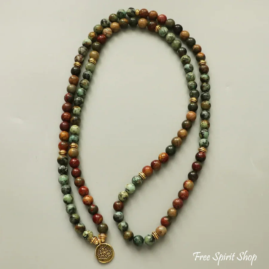 108 Natural Red Jasper & African Turquoise Mala Bracelet