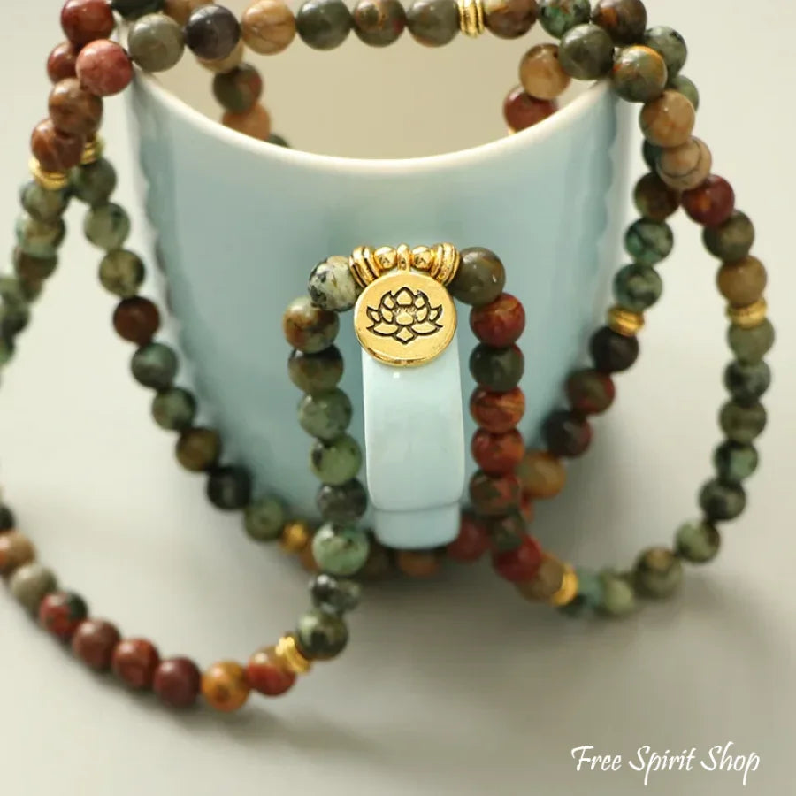 108 Natural Red Jasper & African Turquoise Mala Bracelet