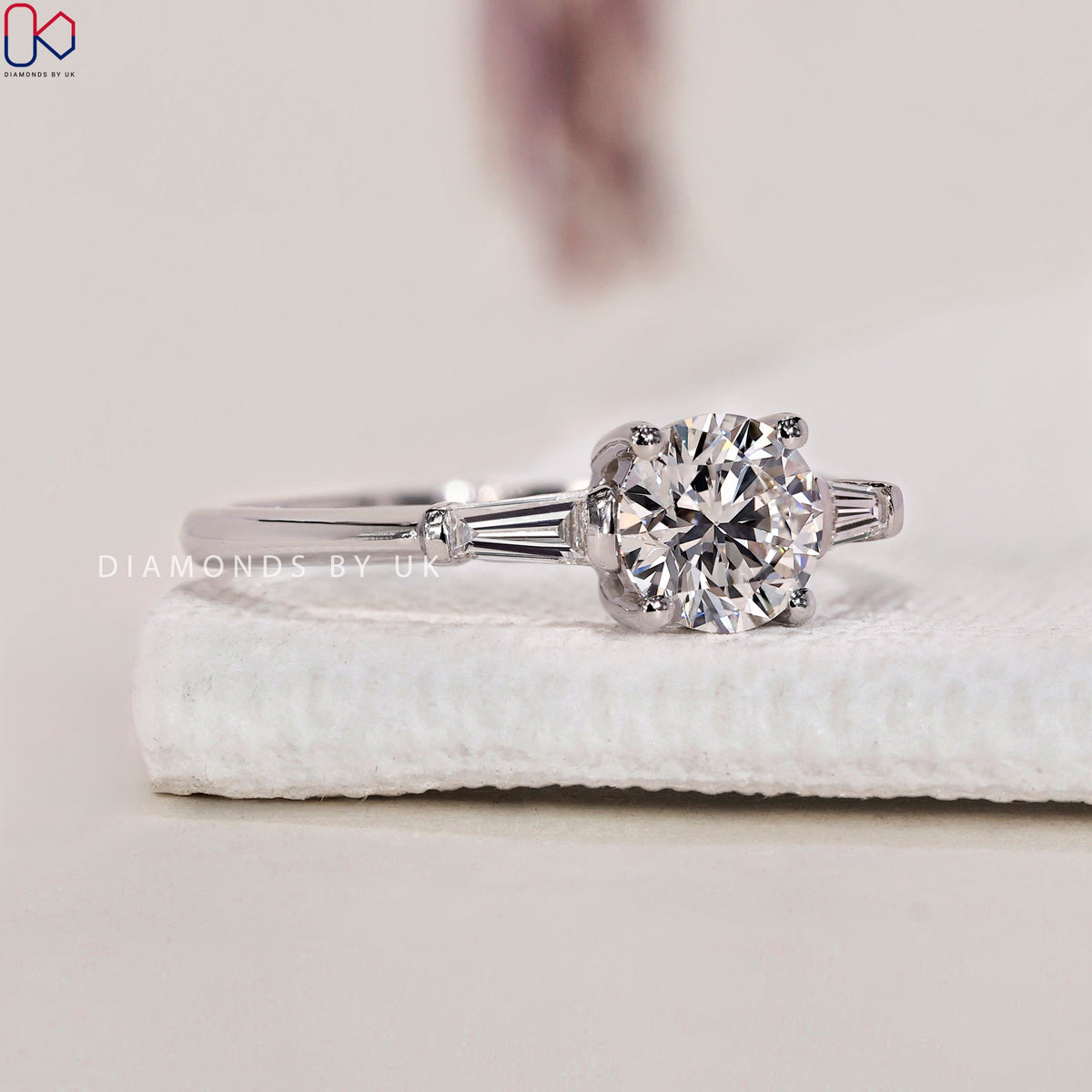 Three Stone Engagement Ring - Round and Baguette