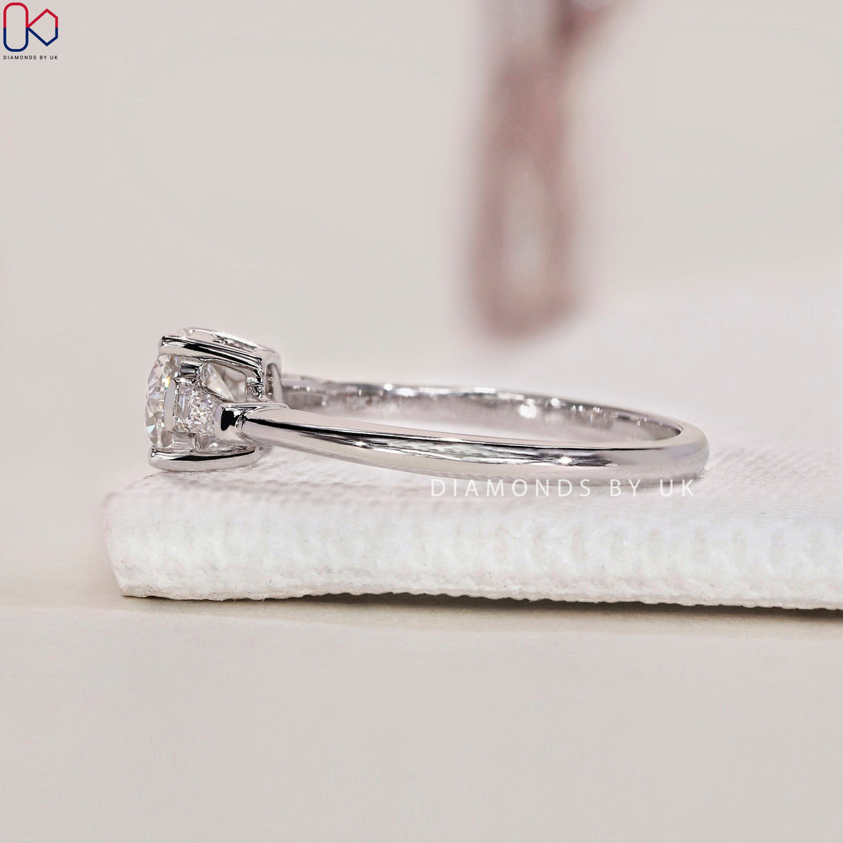 Three Stone Engagement Ring - Round and Baguette