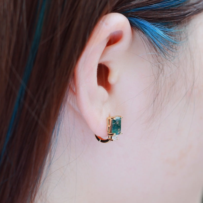 Moss Agate Accent Baguette Huggie Hoop Earrings for Women