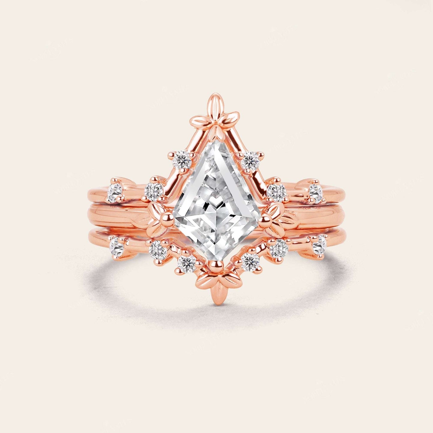 Half Rose Cut Kite Moissanite Art Deco Engagement Ring Sets 3pcs