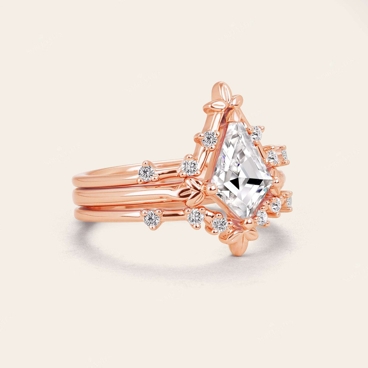 Half Rose Cut Kite Moissanite Art Deco Engagement Ring Sets 3pcs