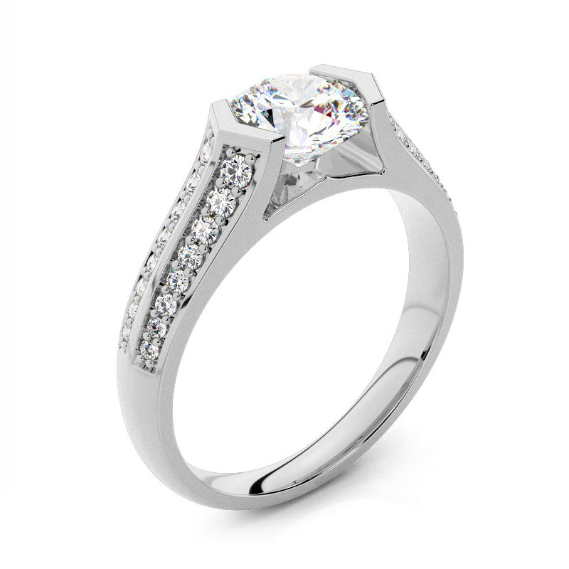 Half Bezel Round Moissanite Knife Edge Pave Engagement Ring