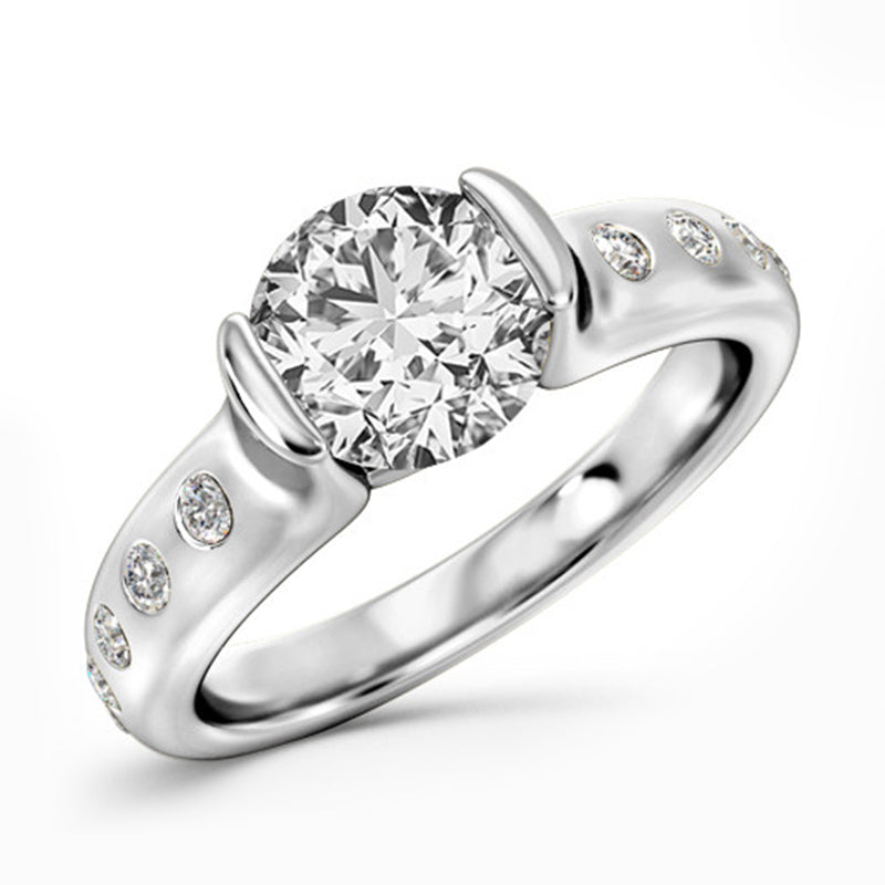 Half Bezel Round Moissanite Side Stone Accent Engagement Ring