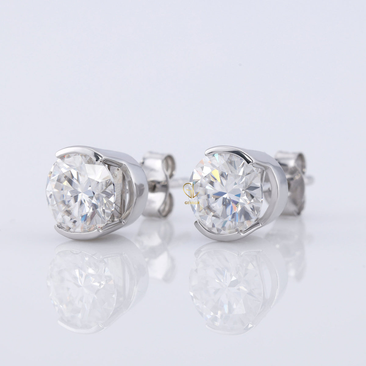 Half Bezel Set Lab Grown Round Cut Diamond Earrings