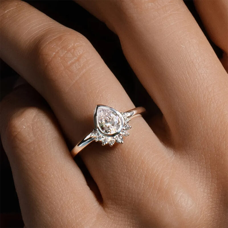 Half Halo Pear Moissanite Bezel Set Engagement Ring