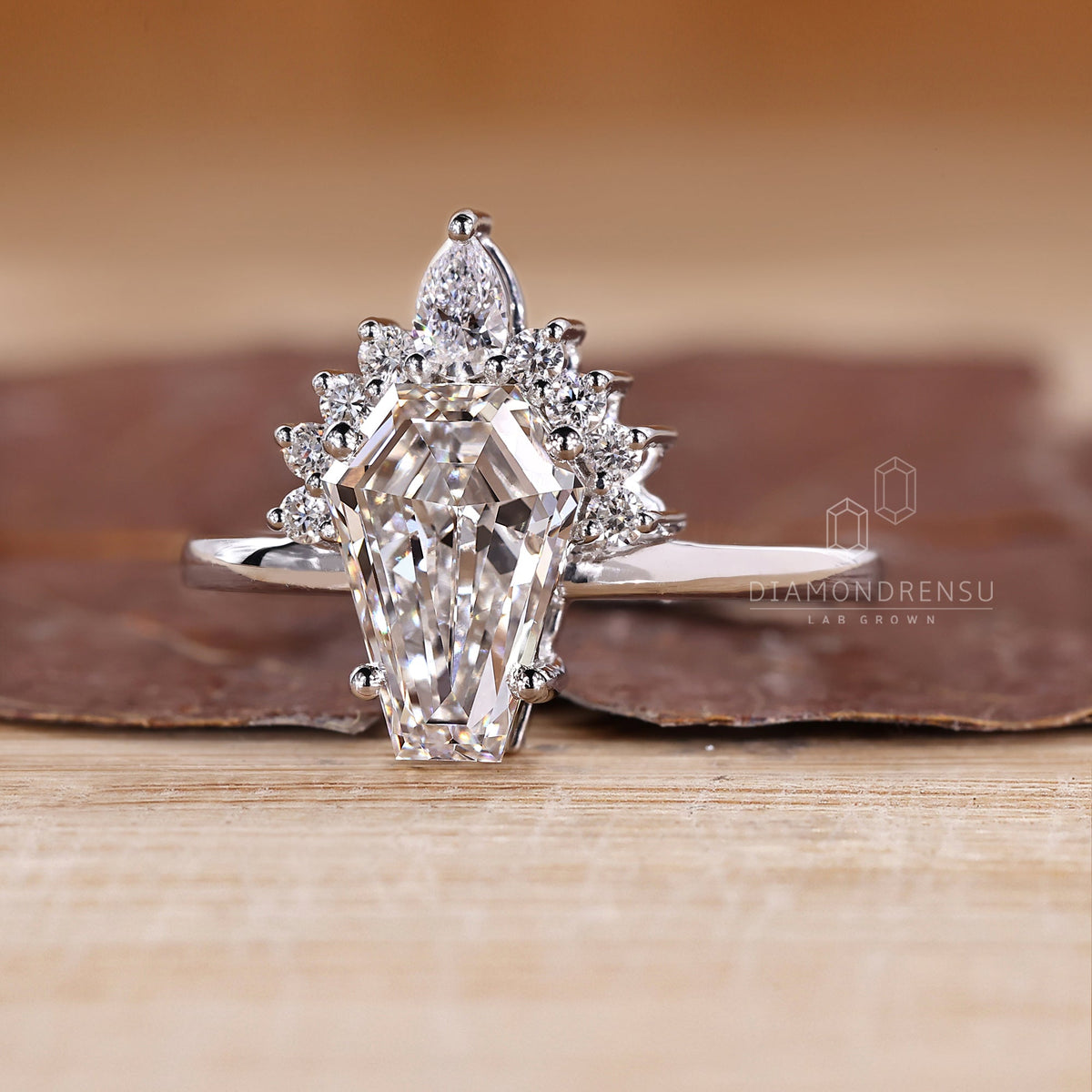 Vintage Coffin Shaped Engagement Ring with Half Halo Style