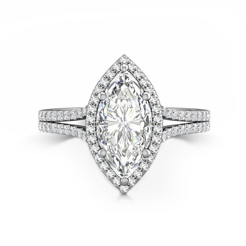Halo Marquise-Cut Moissanite Double Shank Pave Engagement Ring
