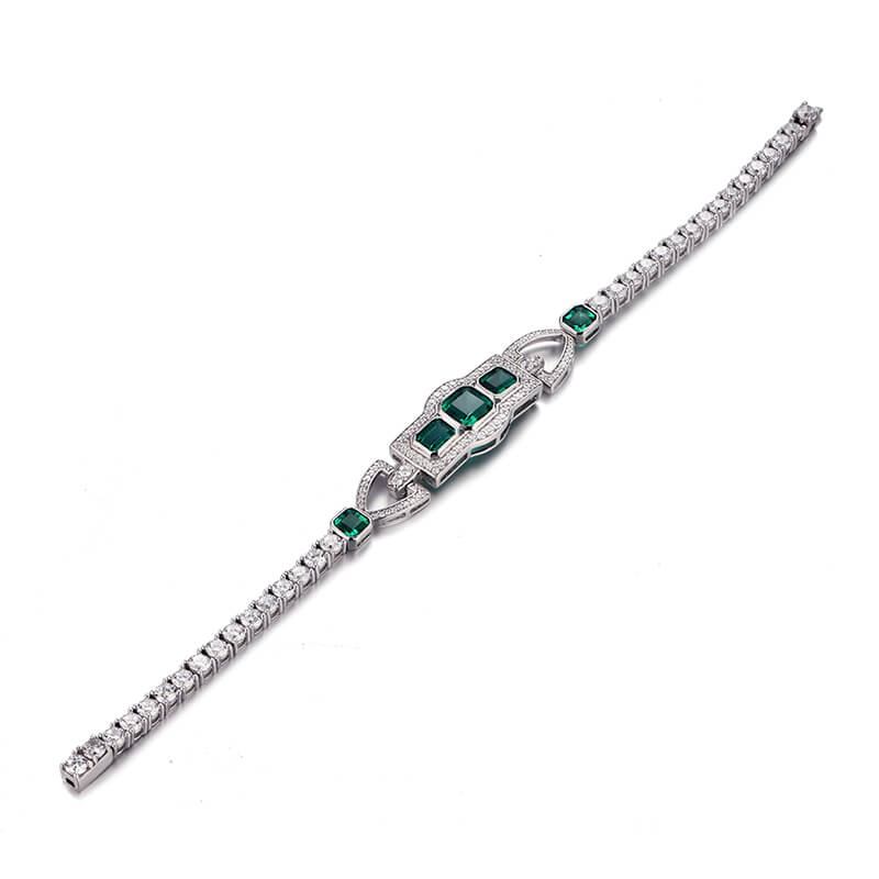 Halo Asscher And Emerald-Cut Emerald Sterling Silver Bracelet