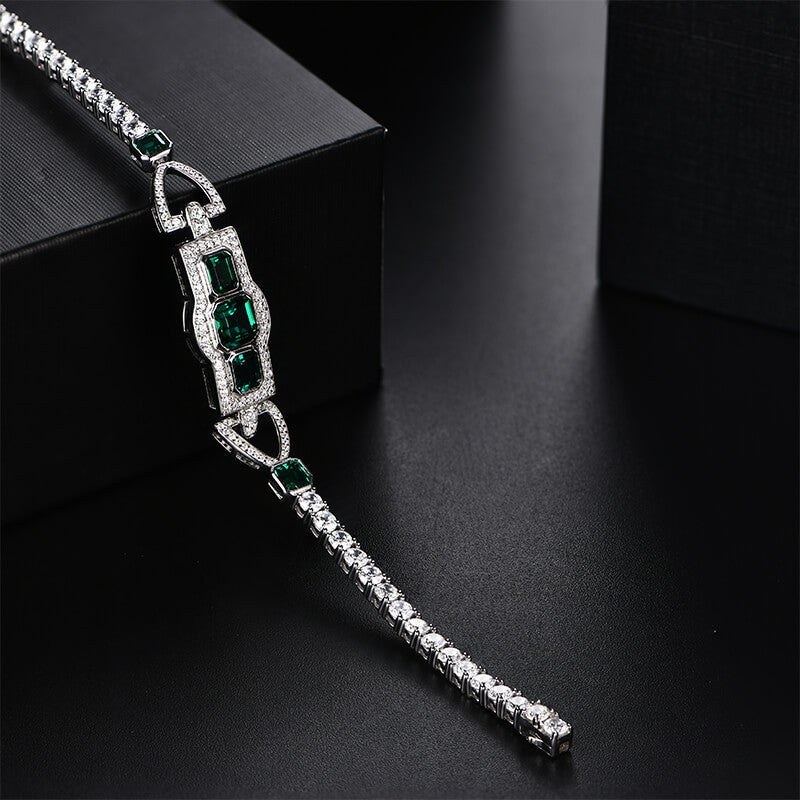 Halo Asscher And Emerald-Cut Emerald Sterling Silver Bracelet