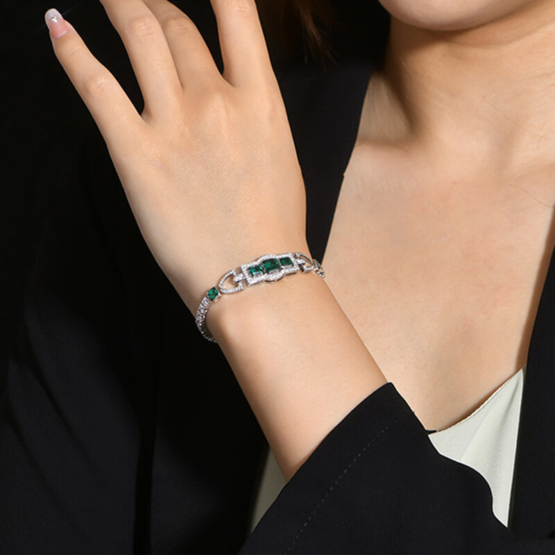 Halo Asscher And Emerald-Cut Emerald Sterling Silver Bracelet
