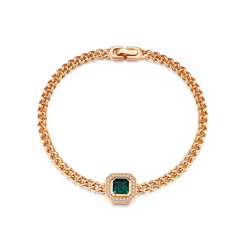 Halo Asscher Cut Emerald Curb Chain Bracelet In Sterling Silver