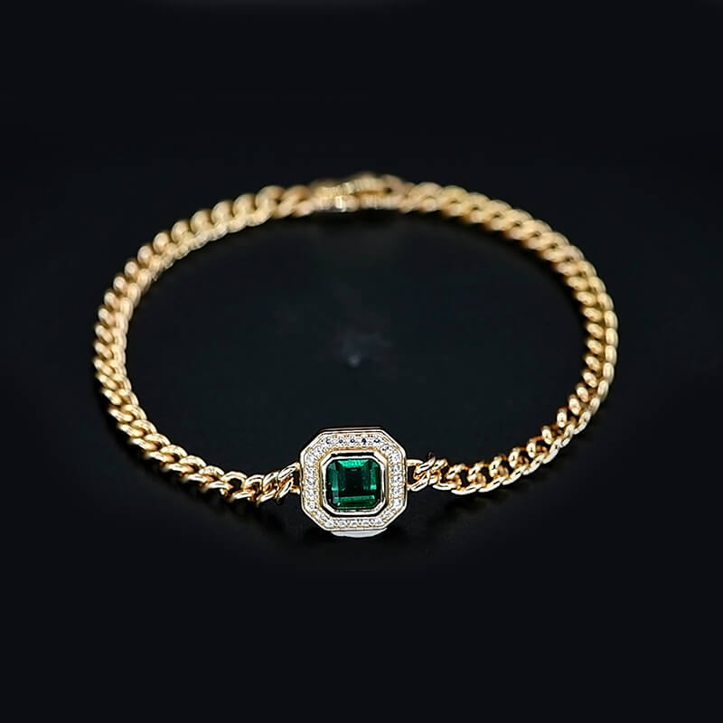 Halo Asscher Cut Emerald Curb Chain Bracelet In Sterling Silver