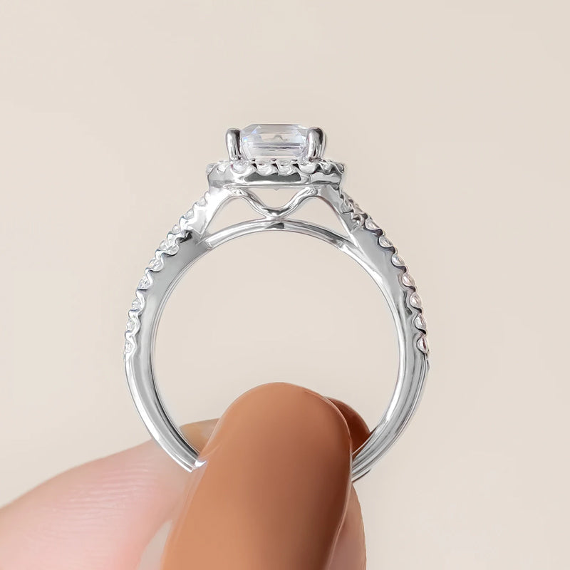 Halo Asscher Cut Moissanite Twisted Pave Engagement Ring
